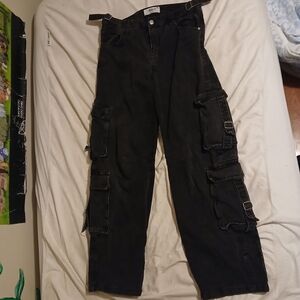 Black Cargo Jean Utility Pants with Buckles